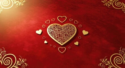 Red Velvet Background with Golden Heart Ornaments