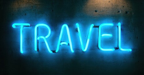 Bright neon sign spells TRAVEL. Blue glow contrasts dark textured wall. Simple design evokes wanderlust, adventure.