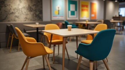 Modern cafe interior with colorful chairs and artwork 
