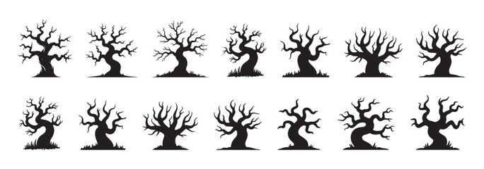 Set of isolated spooky trees silhouettes on transparent background. Collection of bare trees. Leafless trees. Scary Halloween decoration set. Dead trees silhouettes. Doodle flat vecor illustration.