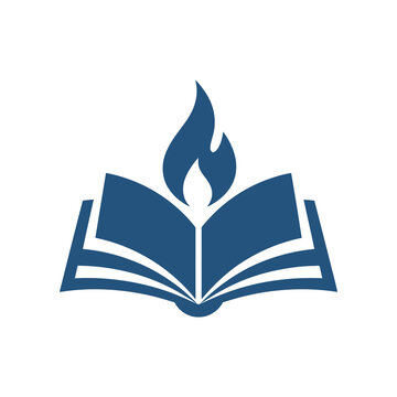 Open book icon. Education logo symbol with flame. Knowledge and learning sign. Vector illustration isolated on white background.