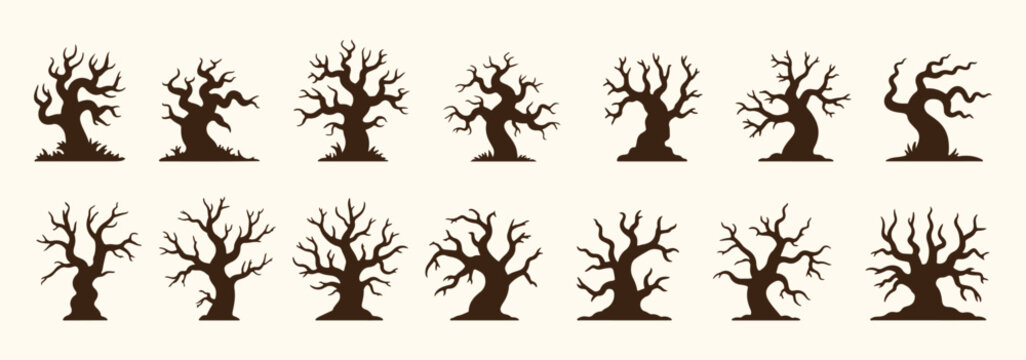 Set of isolated spooky trees silhouettes on transparent background. Collection of bare trees. Leafless trees. Scary Halloween decoration set. Dead trees silhouettes. Doodle flat vecor illustration.