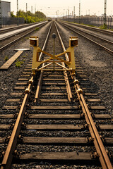 Fototapeta premium Close view of railway buffer stop on train tracks.