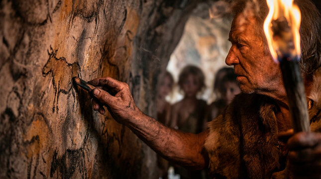 Elderly man in fur clothing draws ancient cave art with charcoal, holding a torch