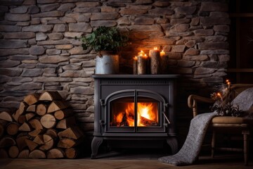 Fototapeta premium Wood burning stove glowing with fire, creating a cozy and warm atmosphere in a rustic room