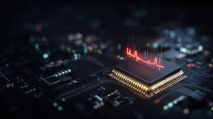 Fototapeta premium Futuristic microchip processor on circuit board with glowing red heartbeat pulse line. Artificial intelligence life, system health monitoring, and medical technology concept