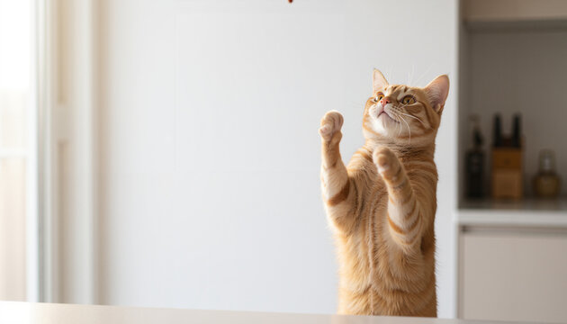 Playful orange tabby cat standing on hind legs for a treat in a bright, minimalist home with copy space