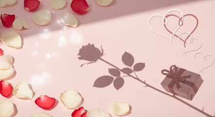 Romantic Rose Petals and Gift on Pink Background
