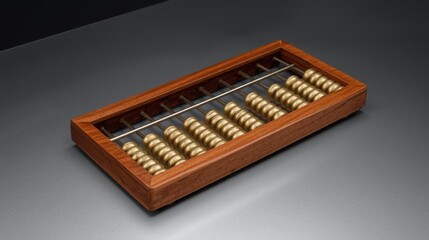 A abacus made of high-quality wood and brass beads, resting on a modern desk. Ancient data tool