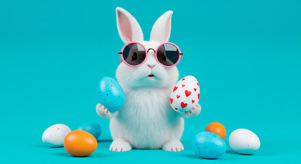 Fototapeta premium Cute white Easter bunny wearing pink sunglasses holding decorated eggs on a teal background