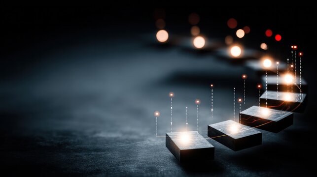 Futuristic abstract digital steps rising with glowing orange connection line. Business success growth, career progress ladder, and future goal achievement concept