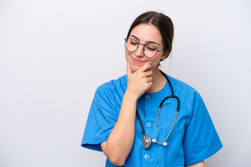 surgeon doctor woman holding tools isolated on white background looking to the side