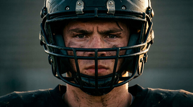 Close-up portrait of a determined young American football player with dirt on his face