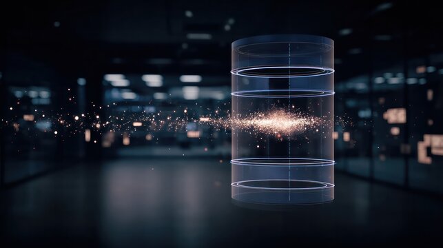 Futuristic abstract glass cylinder reactor with glowing particle cloud energy. Quantum computing core, nuclear fusion technology, and big data storage concept