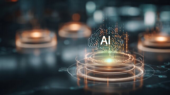 Futuristic abstract digital artificial intelligence brain core with glowing AI text icon. Machine learning technology, cyber mind processor, and smart robot concept