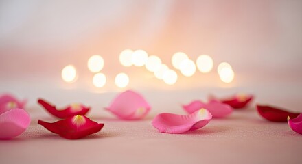 Rose petals with candles on a romantic background
