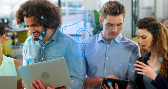 Animation of lock and shield with rays and dots over diverse coworkers discussing over technologies