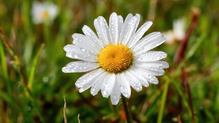 Fototapeta premium Freshly Blooming Daisy with Dewdrops in Natural Green Setting