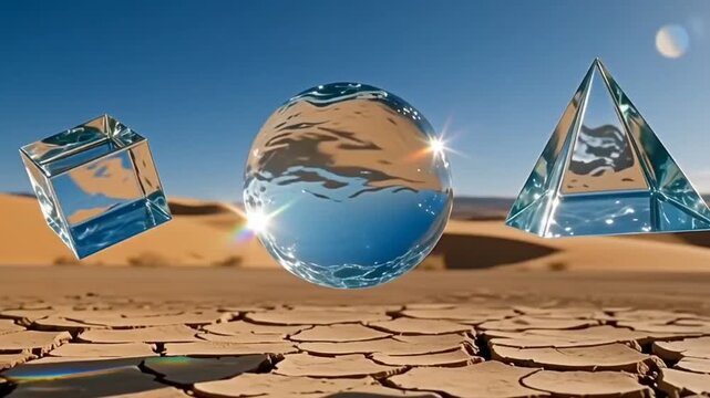 Surreal 3D Render of Floating Water Shapes in a Dry Desert Landscape