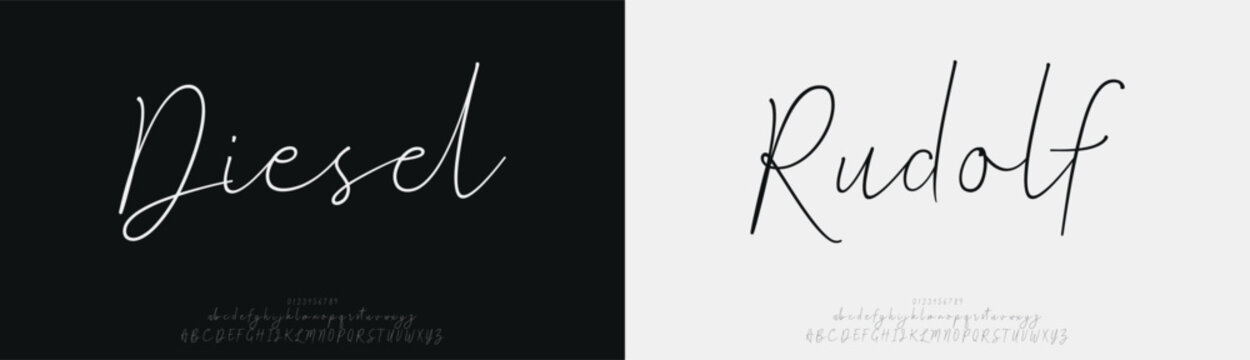 Diesel Rudolf, Script elegant alphabet beauty logo font. Classic beautiful Modern luxury Serif Letter Minimal Fashion. Typography decoration logotype fonts, wedding, logos. vector illustration
