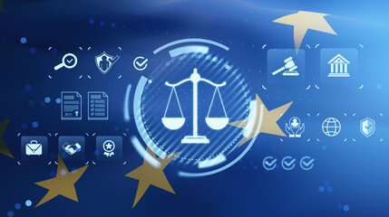 European justice and law concept with glowing legal icons on blue background featuring golden stars...
