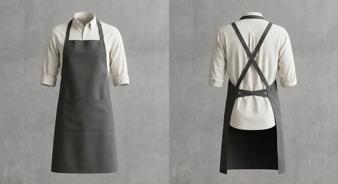 Mockup of a professional black apron with a white shirt, front and back views. Modern cross strap design for chef or barista uniform, isolated on gray background.