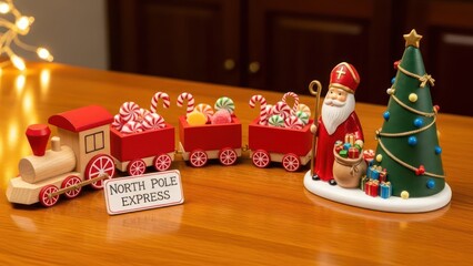 Obraz premium Festive holiday scene featuring a charming wooden toy train delivering candy alongside Santa Claus