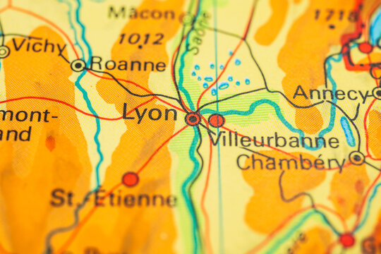 vibrant closeup vintage map highlighting lyon region.