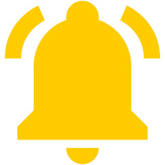 Notification bell solid icon, yellow bold alert symbol isolated on white