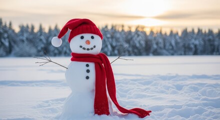 Fototapeta premium Cheerful Snowman Wearing Red Hat and Scarf Standing in Pristine Snowy Winter Landscape Golden Sunset