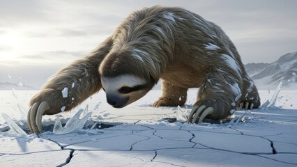 Fototapeta premium A curious sloth exploring a frozen landscape, creating dynamic splashes of ice particles, and