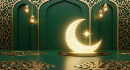 Glowing Crescent Moon on Islamic Background