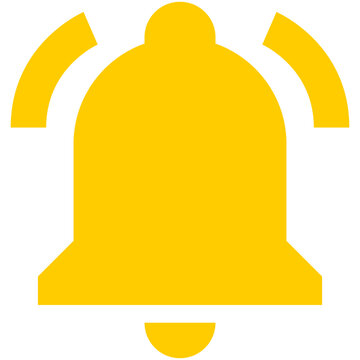 Notification bell solid icon, yellow bold alert symbol isolated on white