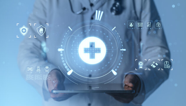 Futuristic healthcare technology concept with doctor using digital tablet and medical icons on blue background representing innovation in medicine. - Powered by Adobe