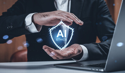 Businessman holding virtual AI ethics shield with his hands symbolizing protection of artificial intelligence responsibility and transparency concept.