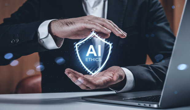 Businessman holding virtual AI ethics shield with his hands symbolizing protection of artificial intelligence responsibility and transparency concept.