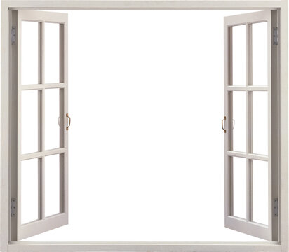 Open white wooden window on black background