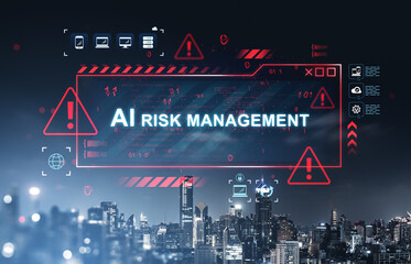 AI risk management concept with digital warning symbols and futuristic interface over cityscape background at night, emphasizing cybersecurity threats.