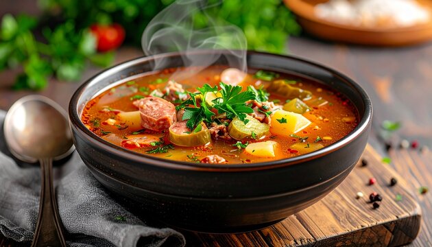 Russische Soljanka mit Fleisch und Gurken