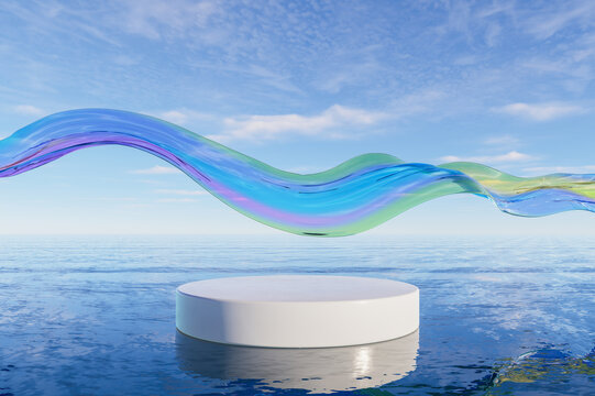 Minimal white podium by the sea with flowing translucent ribbon