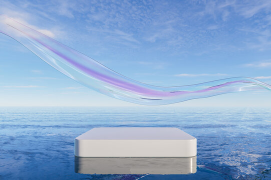 Minimal white podium by the sea with flowing translucent ribbon