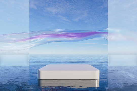 Minimal white podium by the sea with flowing translucent ribbon