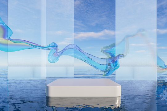 Minimal white podium by the sea with flowing translucent ribbon