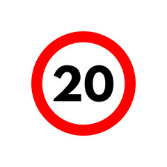 Speed limit 20 icon. Road traffic sign and symbol. Red circle twenty kilometers per hour restriction. Vector illustration isolated on white background. © Salma