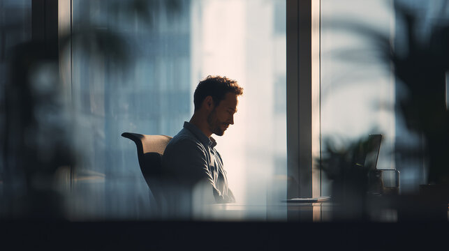 A tired office worker sitting alone at a desk with a slouched posture, silhouetted against a bright window, expressing exhaustion, burnout, or mental fatigue.