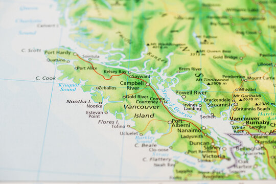 Detailed road map of Vancouver Island and coastal British Columbia.