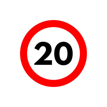 Speed limit 20 icon. Road traffic sign and symbol. Red circle twenty kilometers per hour restriction. Vector illustration isolated on white background.