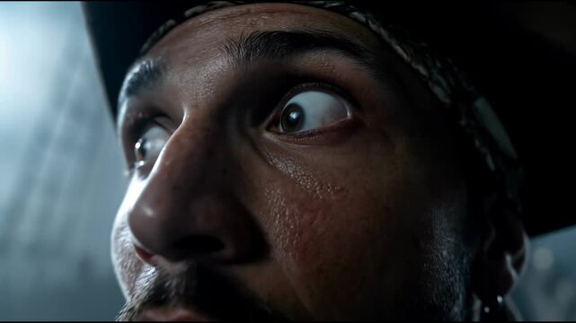 A pirate captain with sweat on his face looks up in horror against ship masts and a stormy sky