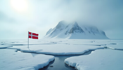 Denmark Sovereignty Debate Over Greenland Arctic Territory, Cinematic Arctic image illustrating the sovereignty debate over Greenland. A clear Denmark flag over icy Greenland landscape with subtle ice