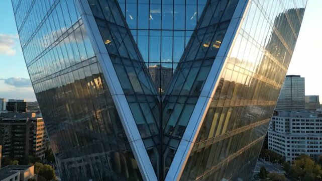 Striking architectural design of a modern glass skyscraper with geometric shapes reflecting the skyline at sunset